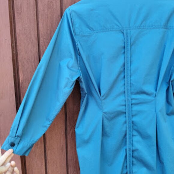 SEA NEW YORK | Blue Asymmetric Ruffle Neck Stretch Cotton Poplin Wrap Midi Dress - Picture 9 of 12